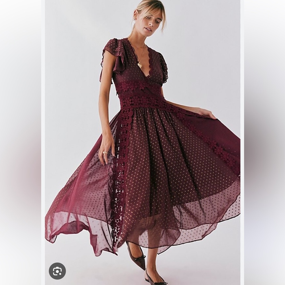 Free People Bali Keely Embroidered Dots Lace Inset Maxi Dress S